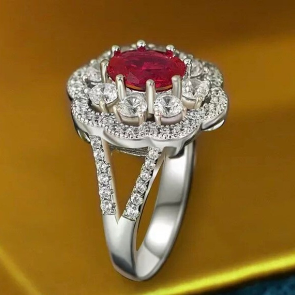 Lab Created Ruby Engagement Ring - Ruby Diamond Cocktail Ring - Picture 3 of 6